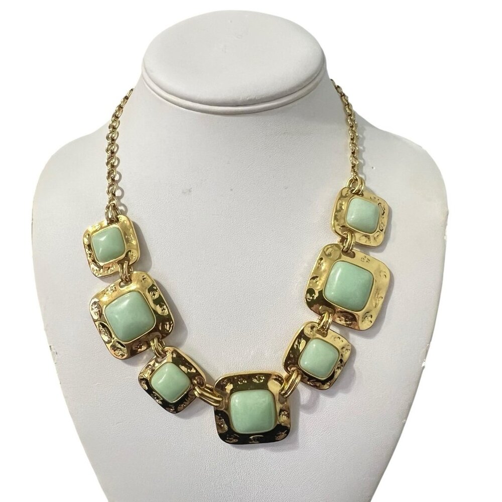 Talbots Hammered Gold Tone Green Cabochon Statement Bib Necklace